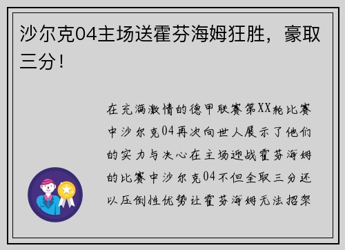 沙尔克04主场送霍芬海姆狂胜，豪取三分！
