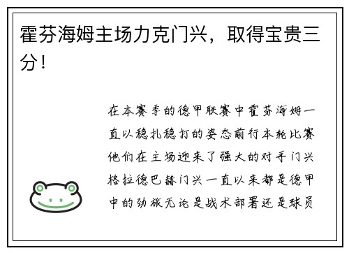 霍芬海姆主场力克门兴，取得宝贵三分！